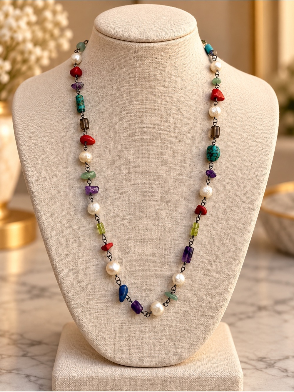 Multicolor Gemstone and Pearl Necklace